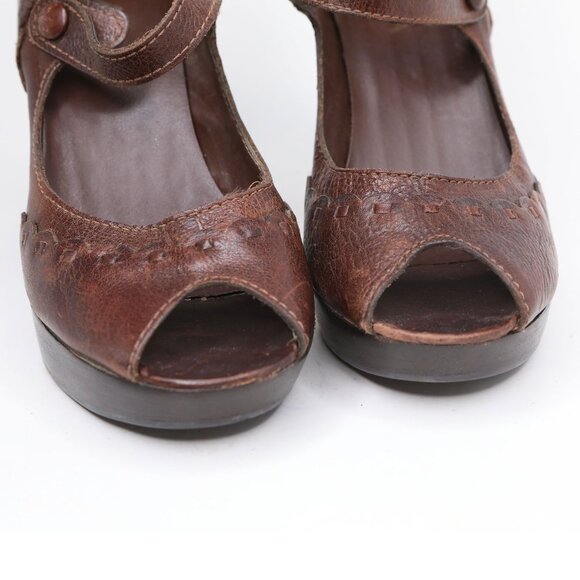 MIA Leather Mary Jane Platform Pumps Y2K Brown Peeptoe Chunky Heels Retro Mod - Picture 5 of 12